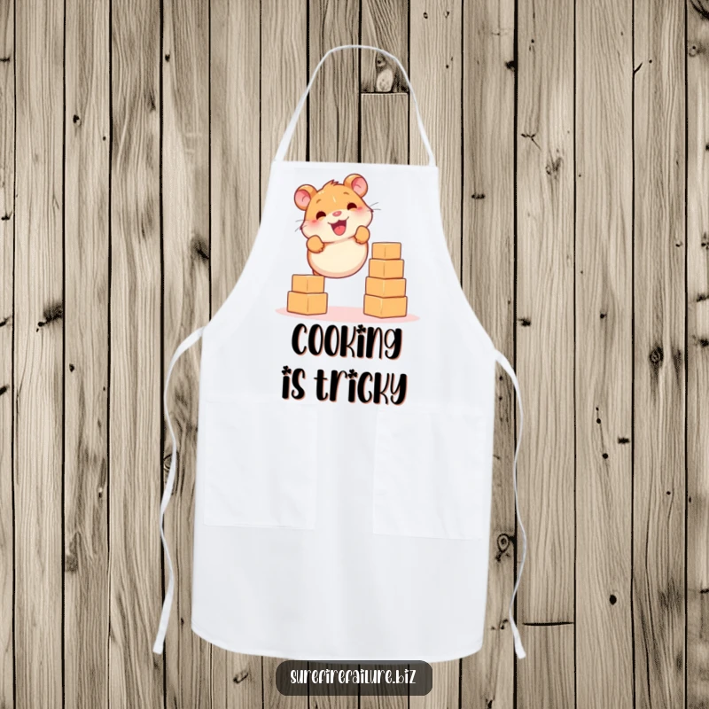Funny hamster smiling while balancing falling blocks on a functional apron, ready for kitchen challenges with humor.