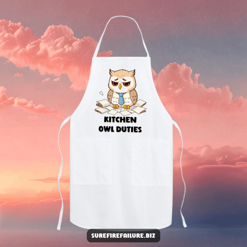 Funny dejected owl apron showing a sad animal with a droopy tie amidst scattered papers, perfect for humorous cooking