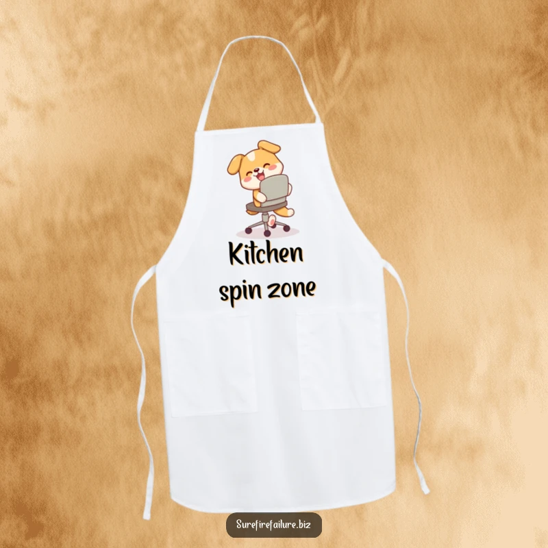 Funny apron, a happy dog energetically chasing its tail around a tilted desk chair, ideal for kitchen humor.