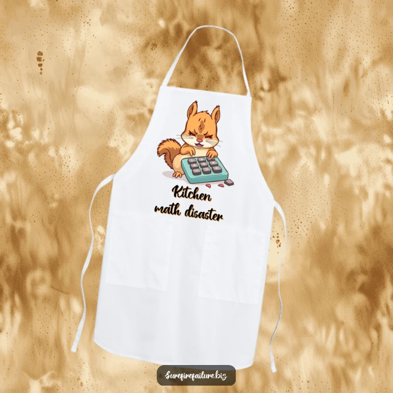 Funny squirrel apron showing a frustrated animal attempting to use a broken calculator with chewed keys, perfect for humorous cooking