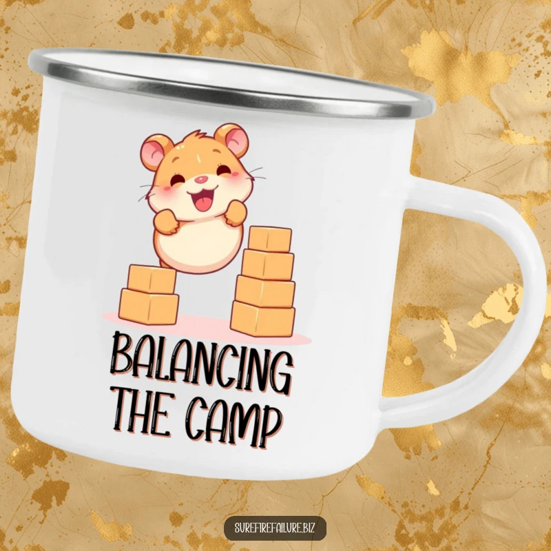 Funny hamster smiling while balancing falling blocks on a sturdy camping mug, ideal for enjoying drinks during outdoor excursions.