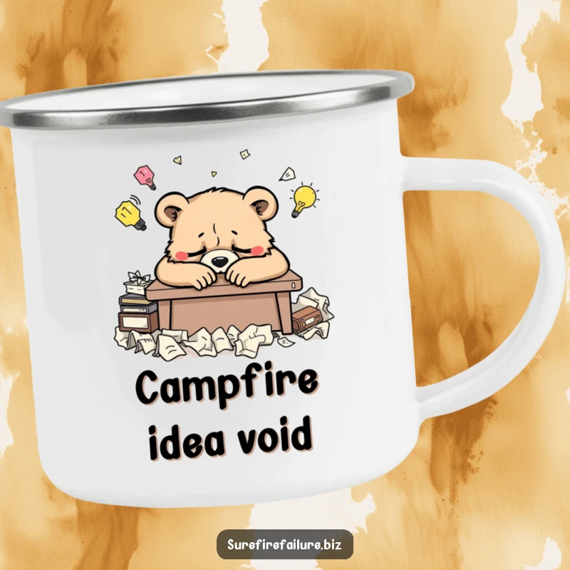 Funny bear camping mug showing a weary animal slumped over a desk and crumpled ideas, perfect for outdoor creative humor