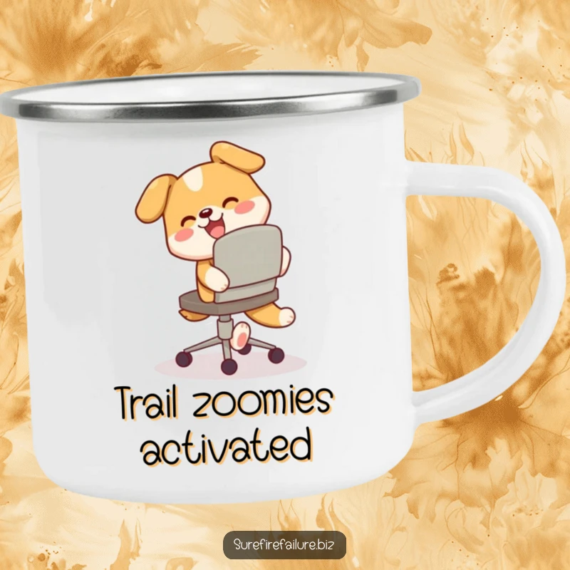 Funny camping mug, a happy dog chasing its tail around a tilted desk chair, perfect for outdoor fun and humor.