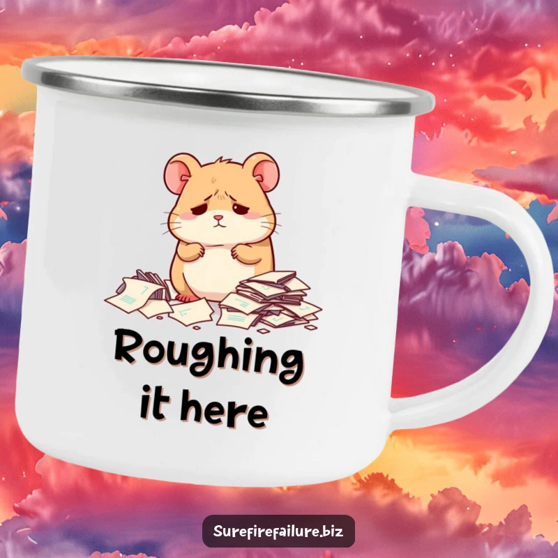 Funny hamster looking dejected next to scattered papers on a sturdy camping mug, ideal for enjoying drinks in the wild.