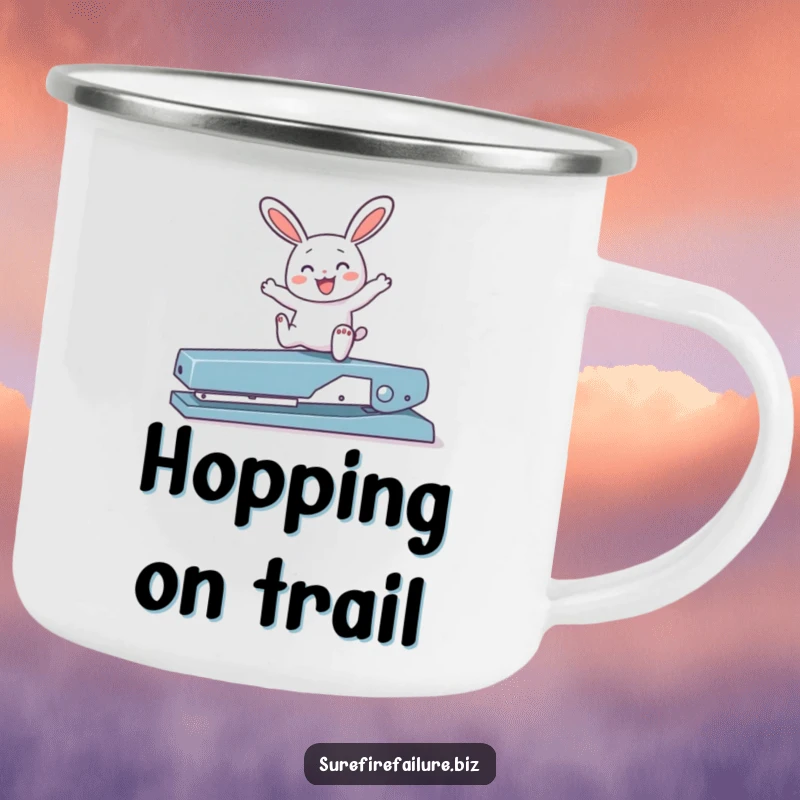 Funny bunny hopping joyfully over a broken stapler on a sturdy camping mug, ideal for enjoying drinks during outdoor excursions.