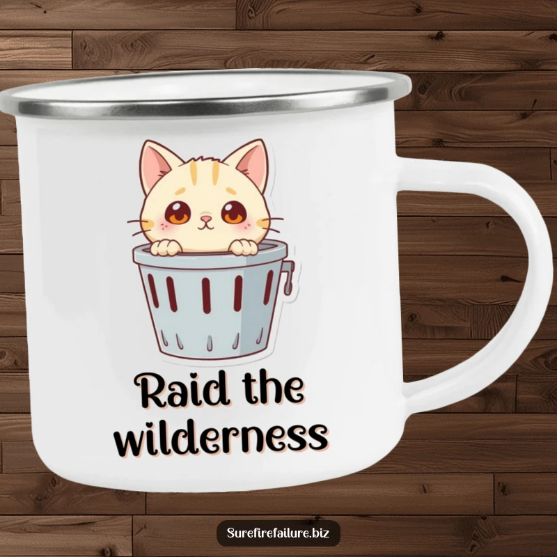 Funny camping mug, a curious cat peeking into a wastebasket, ideal for outdoor adventures and humor.
