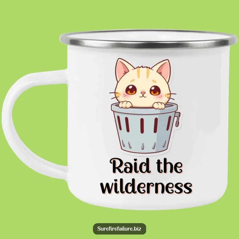 Funny Cat Wastebasket Camping Mug: Outdoor Adventure with Curious Kitty Humor