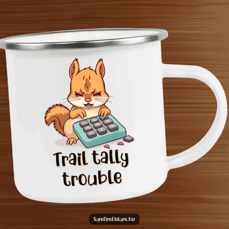 Funny squirrel camping mug showing a frustrated animal attempting to use a broken calculator with chewed keys, perfect for outdoor humor