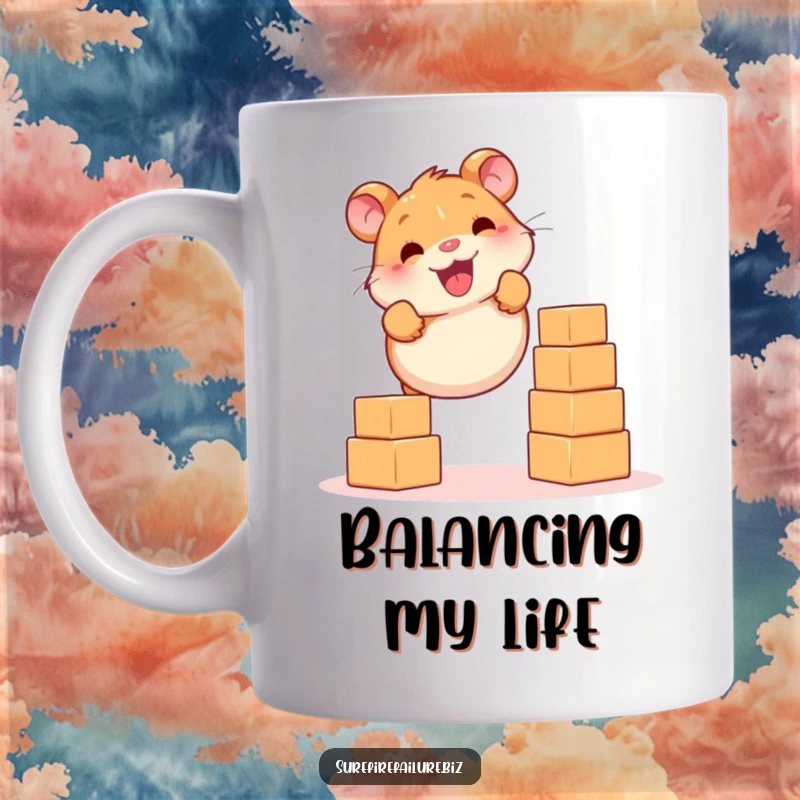 Funny, smiling hamster attempting to balance a stack of falling blocks on a mug, depicting playful perseverance.