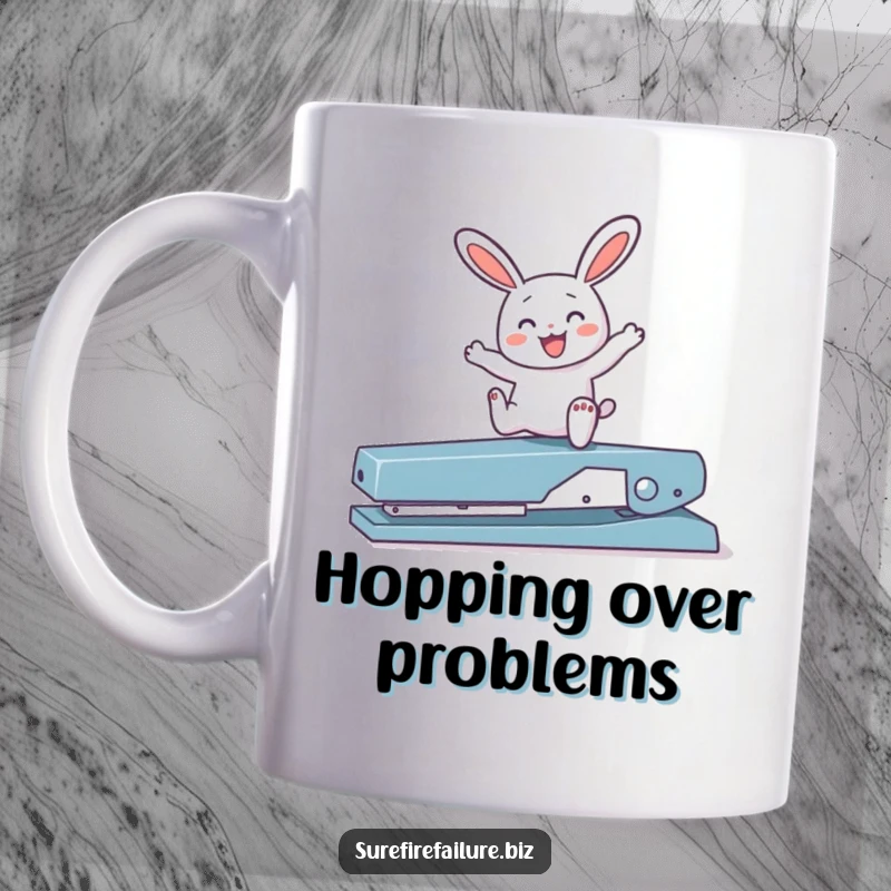 Funny, joyful bunny happily hopping over a broken stapler on a mug, symbolizing overcoming obstacles with cheer.