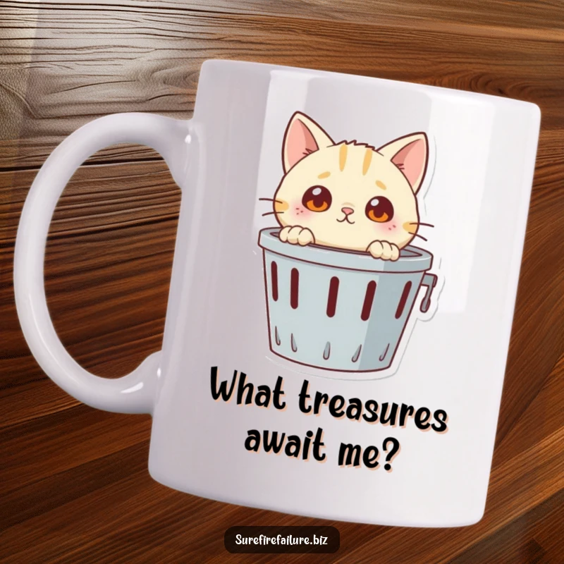 Funny cat mug, a curious kitten with wide eyes peeking into a tipped-over trash can, showcasing playful mischief.