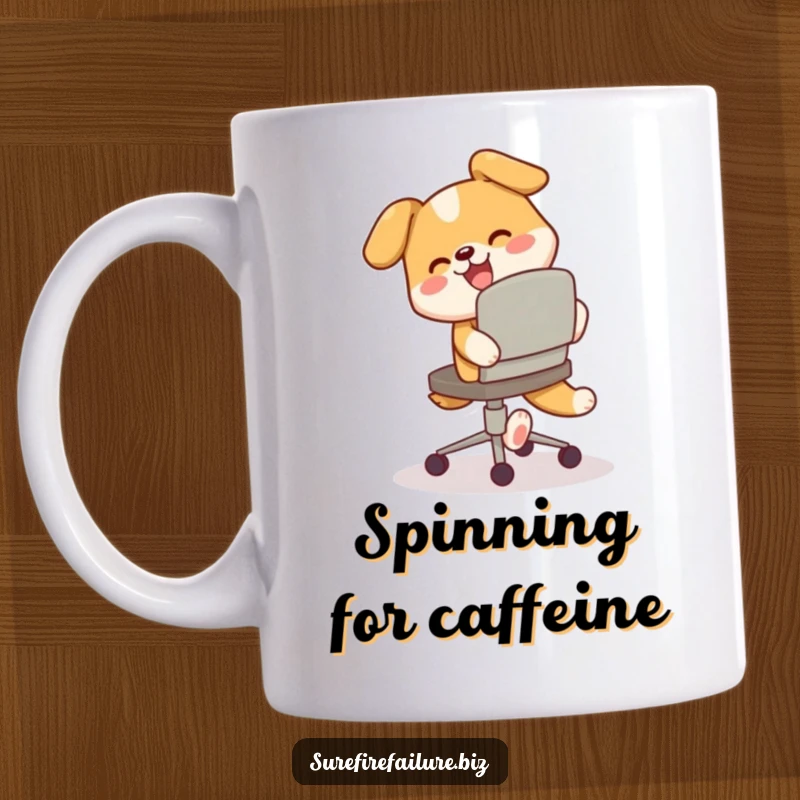 Funny dog mug, a happy dog spinning in circles chasing its tail around a tilted office chair, full of playful energy.