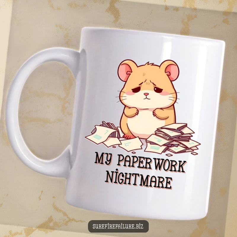 Funny, dejected hamster sitting next to a huge pile of scattered papers on a mug, depicting relatable stress.