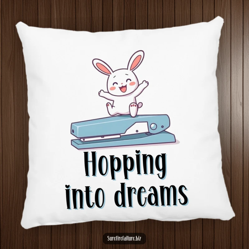 Funny bunny hopping joyfully over a broken stapler on a soft, plush pillow, offering comfort and humor.