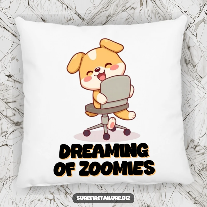 Funny pillow, a happy dog playfully chasing its tail around a tilted desk chair, providing soft, humorous comfort.