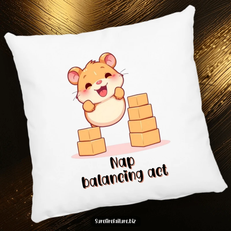 Funny hamster smiling while balancing falling blocks on a soft, plush pillow, offering comfort and humor.