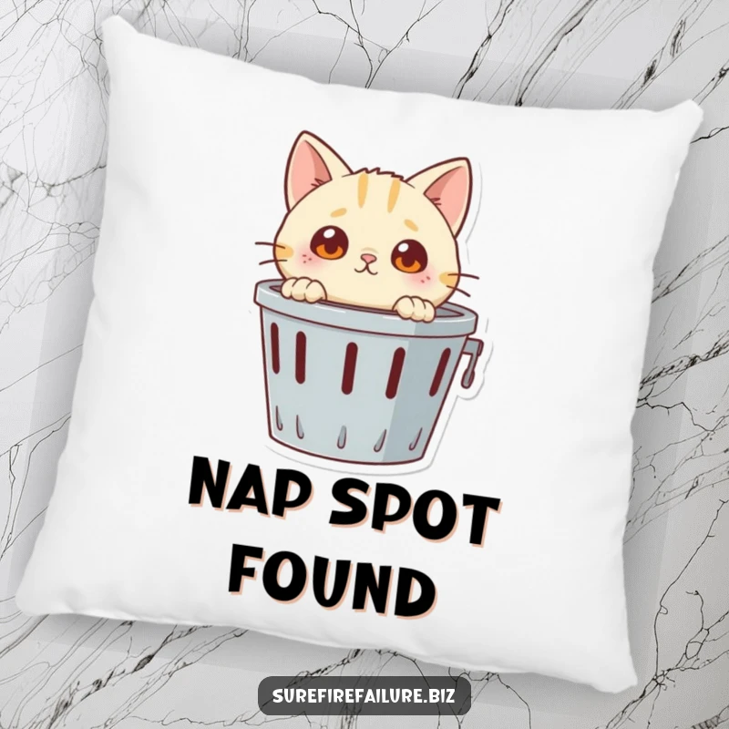 Funny pillow, a curious cat with wide eyes peeking over an overturned wastebasket, adding a touch of playful mischief.