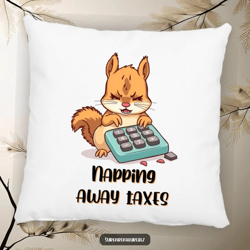 Funny squirrel pillow featuring a frustrated animal using a broken calculator with chewed keys, perfect for humorous comfort
