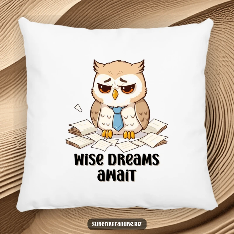 Funny dejected owl pillow featuring a sad animal with a droopy tie and scattered papers, perfect for humorous comfort