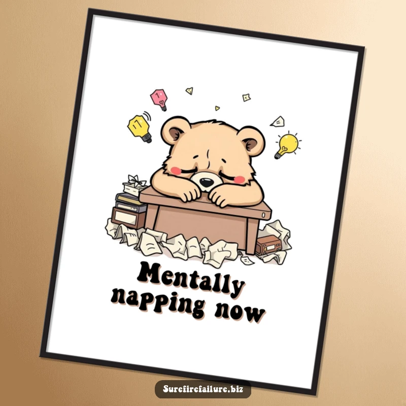 Funny bear digital art print showing a weary animal slumped over a desk surrounded by crumpled ideas, ideal for instant humorous decor