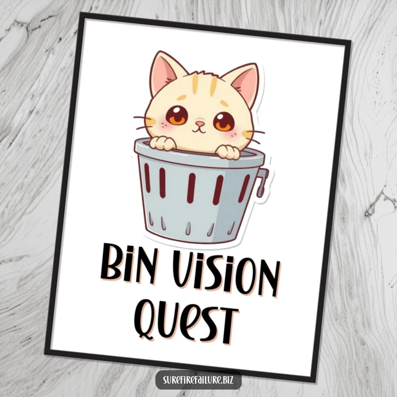 Funny digital art print, a curious cat character with large eyes looking into a toppled wastebasket, humorous wall decor.