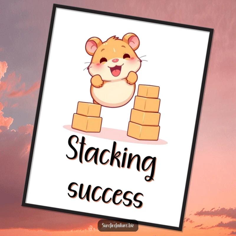 Funny hamster smiling while balancing falling blocks, available as a downloadable digital art print for instant humor.