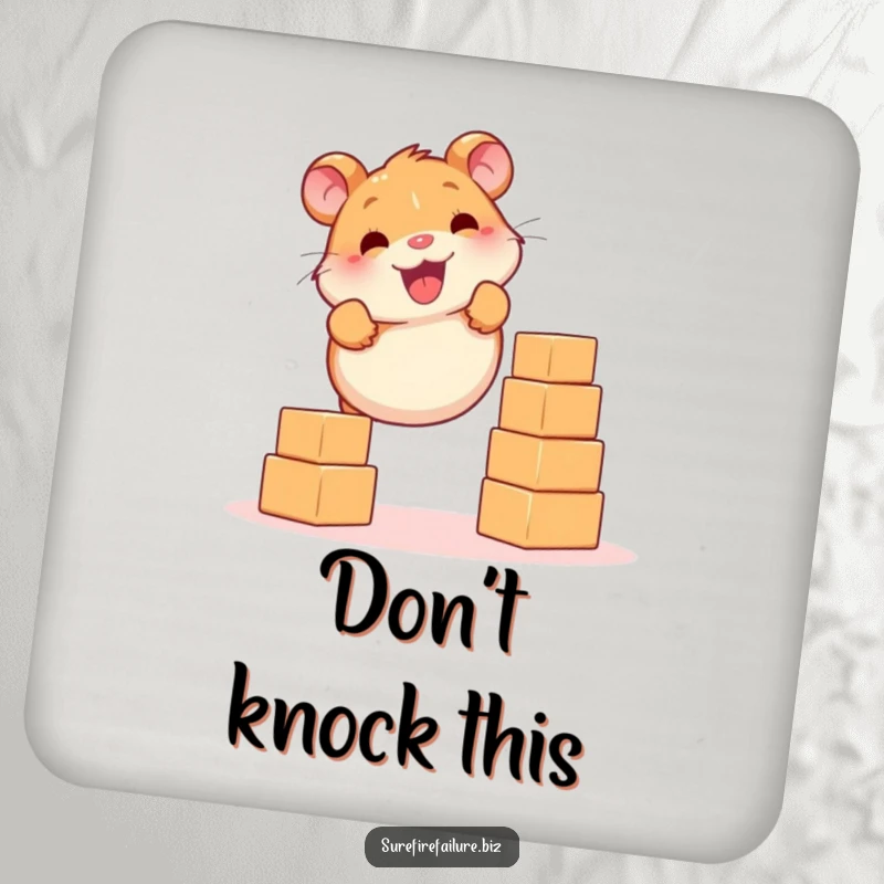 Funny hamster smiling while balancing falling blocks on a set of durable drink coasters, adding humor to tabletops.