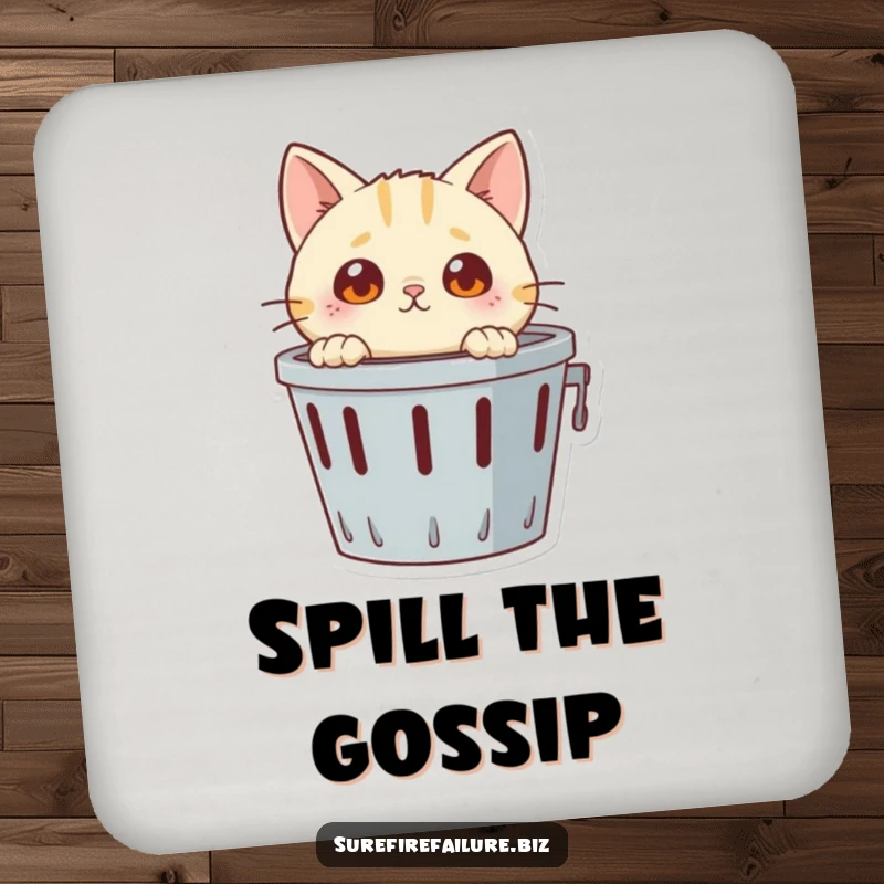 Funny drink coaster, a curious cat with wide eyes peeking into an overturned wastebasket, adding humor to tabletops.