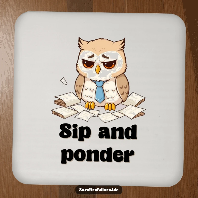 Funny dejected owl drink coaster featuring a sad animal with a droopy tie and scattered papers, perfect for humorous protection