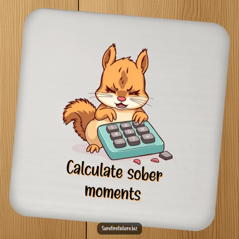 Funny squirrel drink coaster featuring a frustrated animal using a broken calculator with chewed keys, perfect for humorous table protection