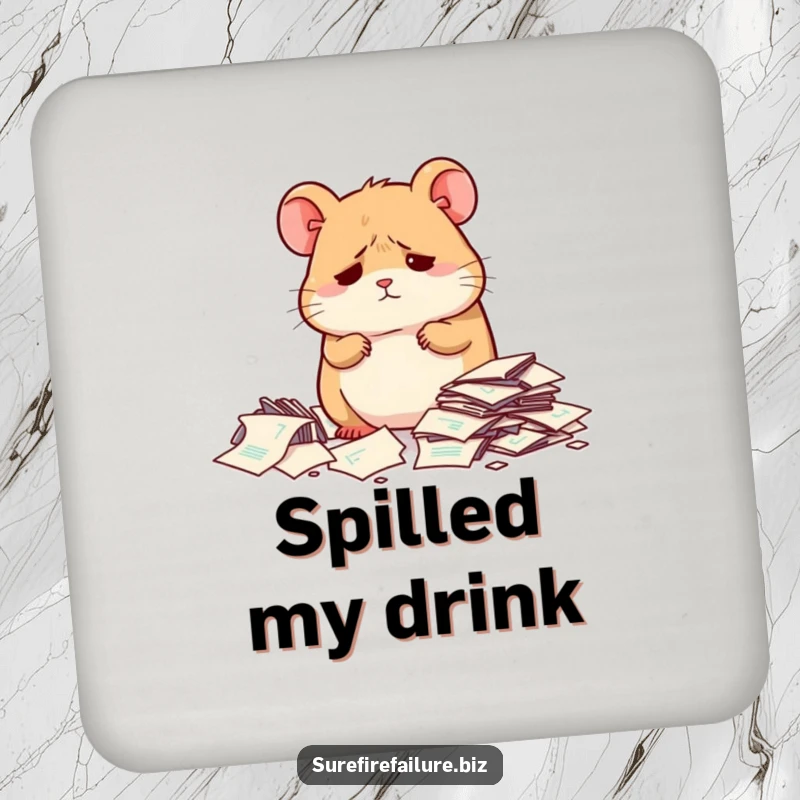 Funny hamster looking dejected next to scattered papers on a set of durable drink coasters, adding humor to tabletops.