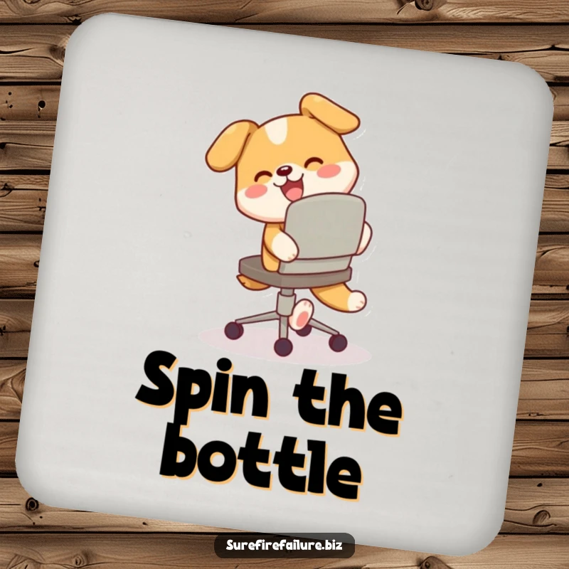 Funny drink coaster, a happy dog chasing its tail around a tilted desk chair, adding playful charm to tables.