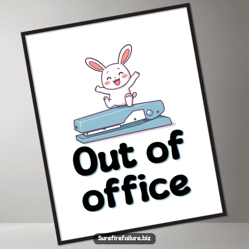 Funny bunny joyfully hopping over a broken stapler on a poster, a humorous piece of wall art about optimism.