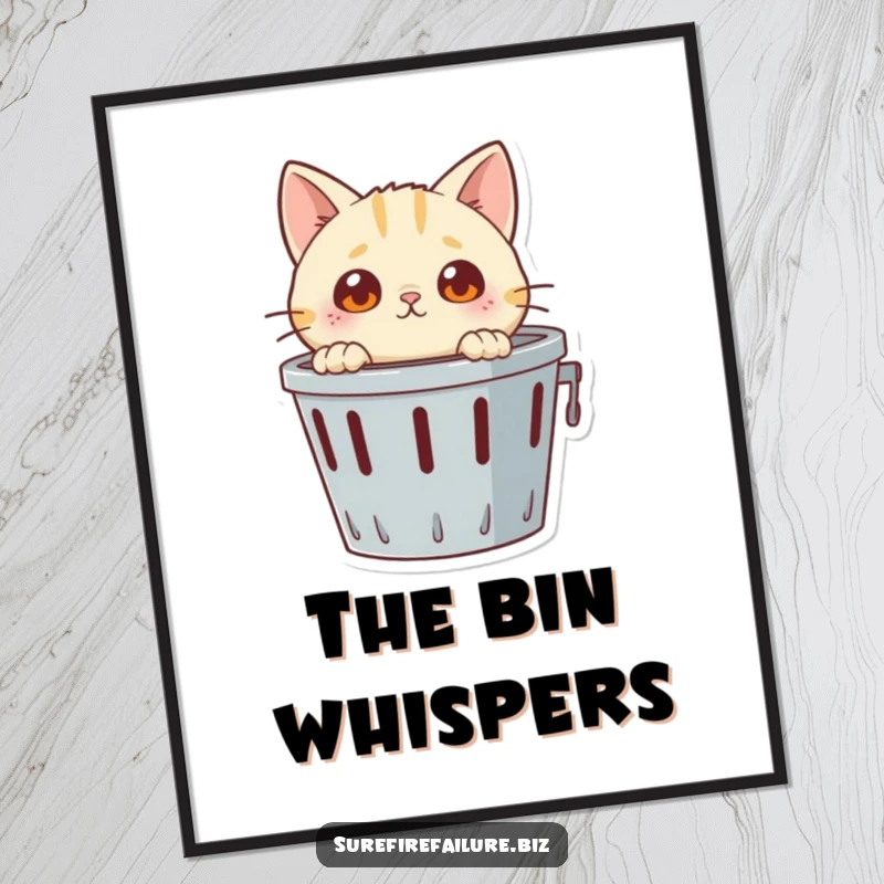 Funny poster, a curious cat character with large eyes peeking into a tipped waste bin, creating a humorous scene.