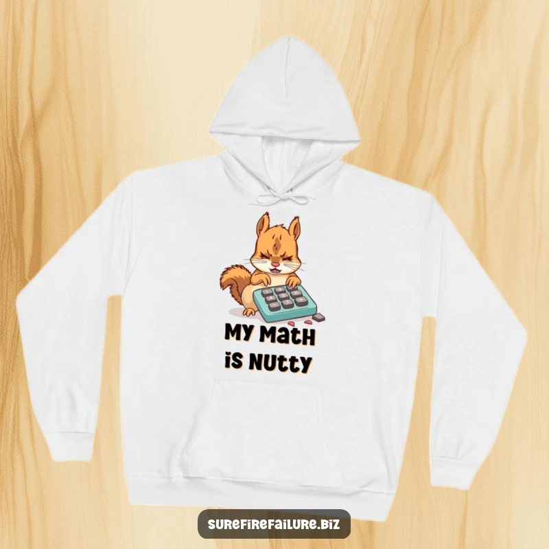 Funny squirrel hoodie showing a frustrated animal attempting to use a broken calculator with chewed keys, perfect for cozy tech humor