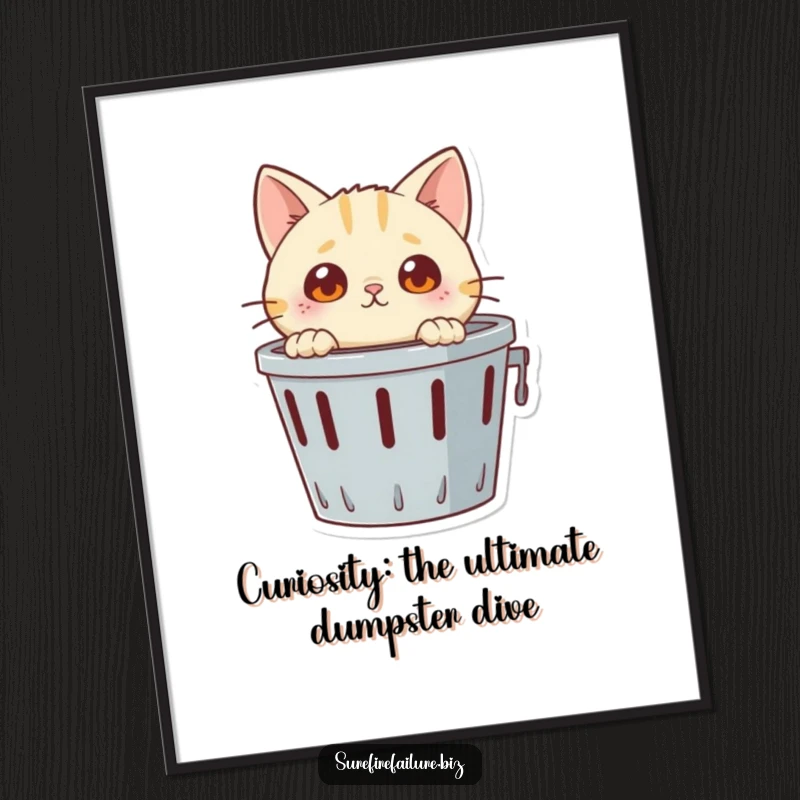 Funny Free Printable Wall Art: A bewildered cat with wide eyes peeking into an overturned trash can, quirky decor.