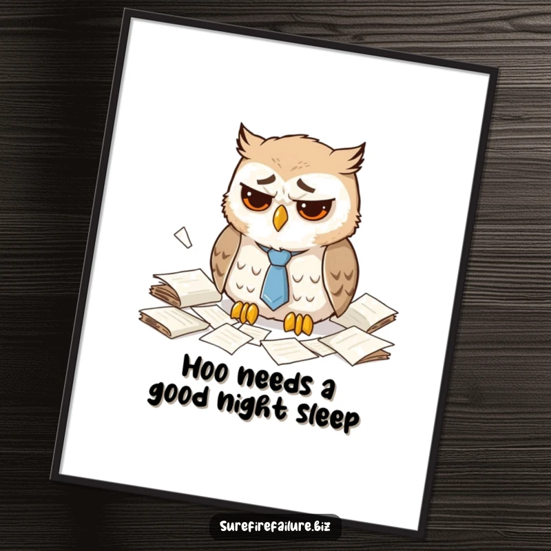 Funny Free Printable Wall Art of a sad owl in a tie, overwhelmed by a desk piled with papers.