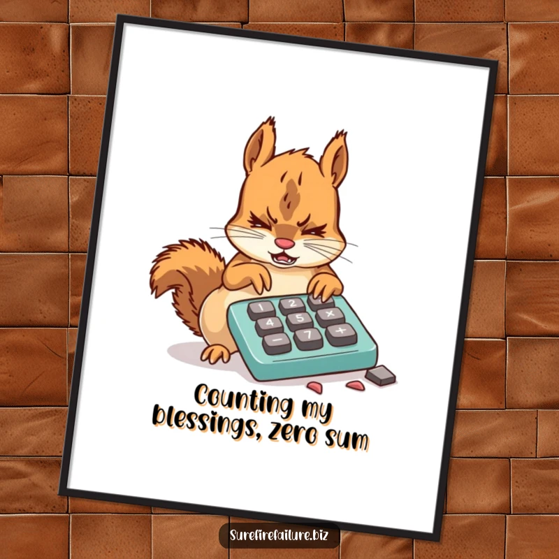 Funny Free Printable Wall Art of a squirrel in a frenzy over a chewed-up, broken calculator.