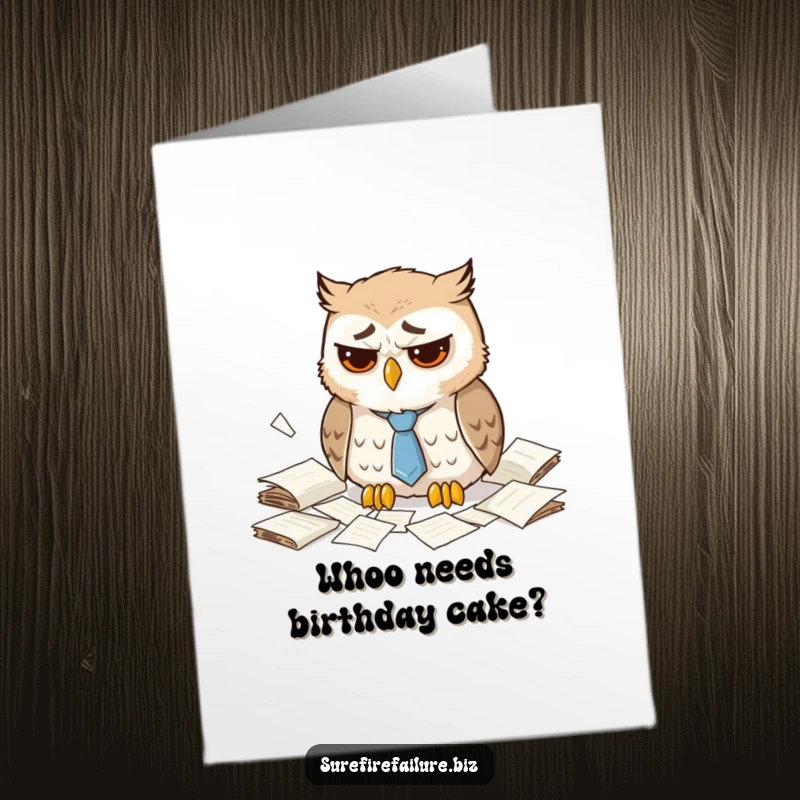 Funny Free Printable Birthday Card featuring a dejected owl in a droopy tie surrounded by messy papers.