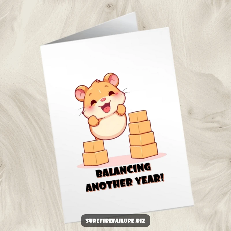 Funny Free Printable birthday card with a smiling hamster struggling to balance falling blocks, a chaotic celebration.