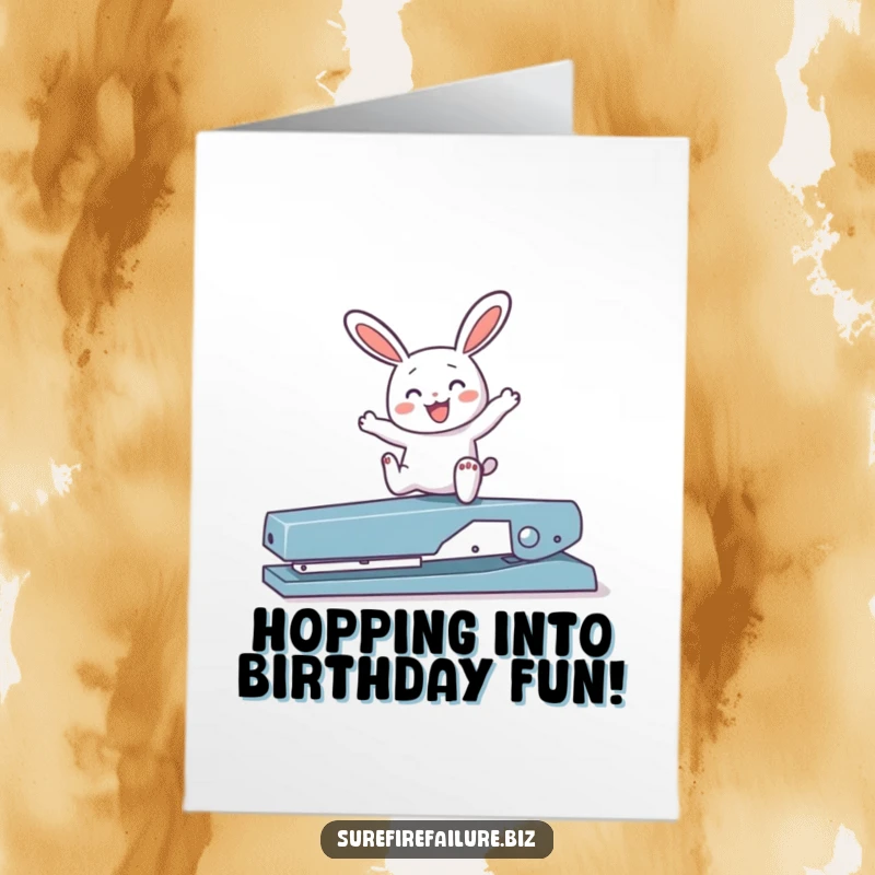 Funny Free Printable birthday card with a joyful bunny happily hopping over a broken stapler, symbolizing freedom.