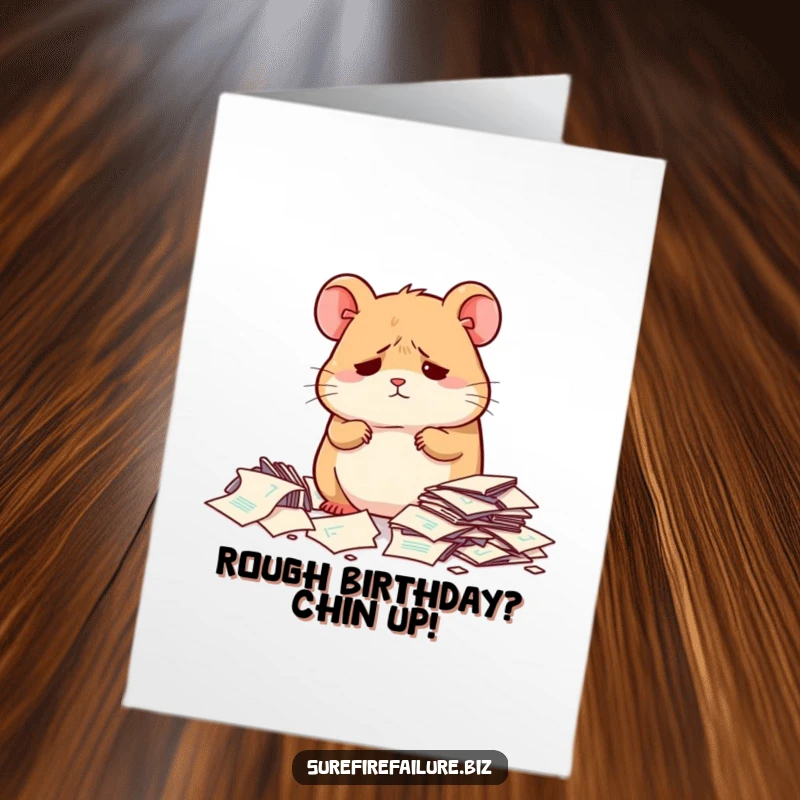 Funny Free Printable birthday card with a dejected hamster surrounded by scattered papers, perfect for office humor.