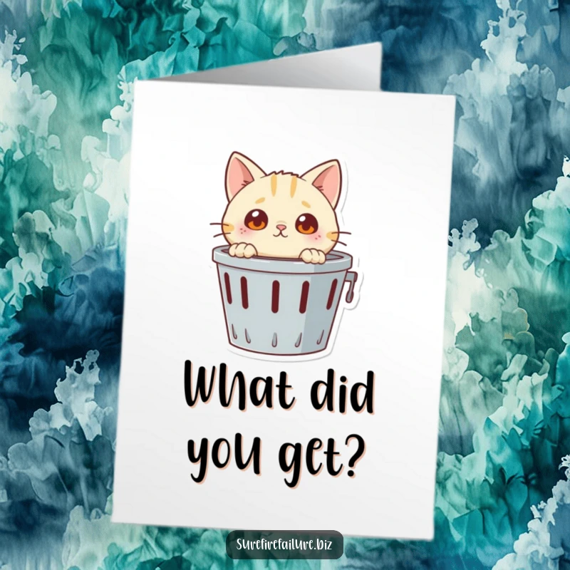 Funny Free Printable Birthday Card: Curious cat with wide eyes peeking into an overturned trash can, perfect for a chuckle.