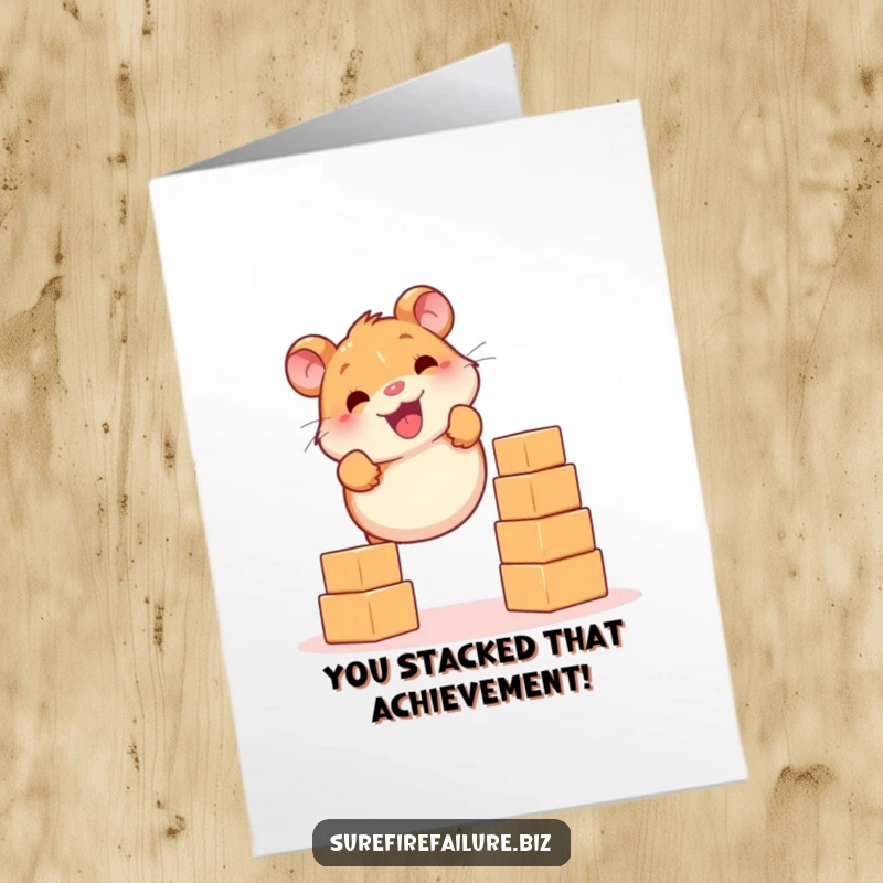 Funny Free Printable congratulations card showing a smiling hamster trying to balance a stack of falling blocks, symbolizing success.