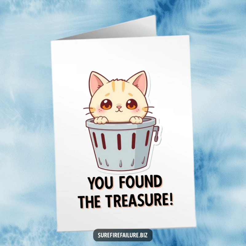 Funny Free Printable Congrats Card: Cat peeking from a messy, overturned trash can, celebrating a funny win.