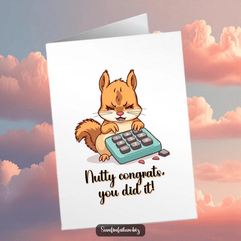 Funny Free Printable Congratulations Card featuring a squirrel furiously trying to use a calculator with gnawed-on buttons.