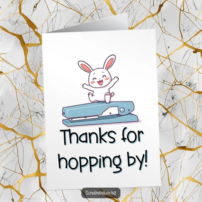 Funny Free Printable thank you card with a joyful bunny happily hopping over a broken stapler, expressing thanks.