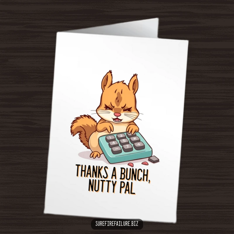 Funny Free Printable Thank You Card depicting a squirrel looking exasperated by a broken calculator with damaged keys.
