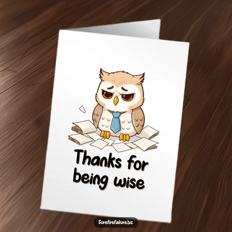 Funny Free Printable Thank You Card with a dejected owl looking over scattered papers and a loose tie.