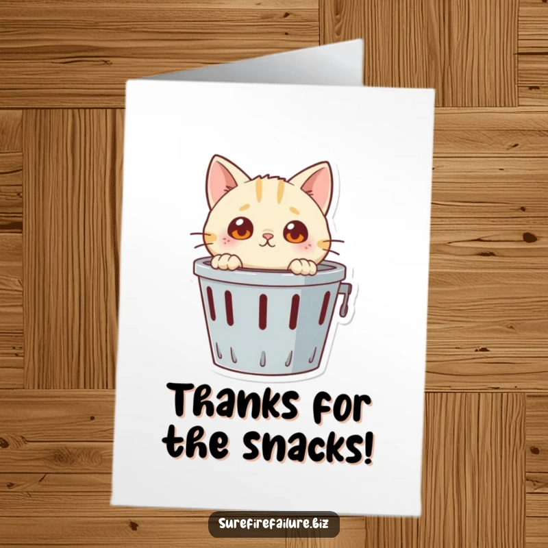 Funny Free Printable Thank You Card: Curious cat peeking from an overturned wastebasket, expressing funny gratitude.